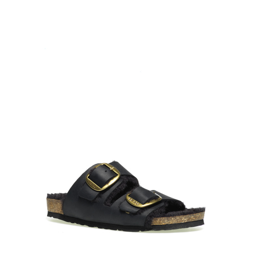Leather double-strap sliders with warm lining - Frau Shoes | Official Online Shop