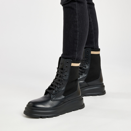 Leather combat boots with fabric inserts - Frau Shoes | Official Online Shop