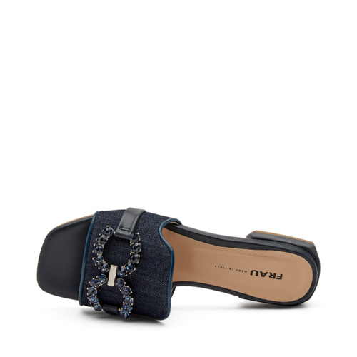 Denim sliders with bejewelled appliqué - Frau Shoes | Official Online Shop