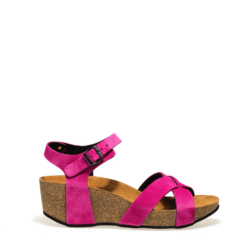 Sandale mit überkreuzten Riemen und Keilabsatz aus Veloursleder | Frau Shoes | Official Online Shop