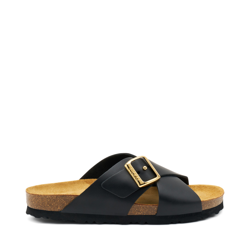 Leather crossover-strap sliders - Woman | Frau Shoes | Official Online Shop