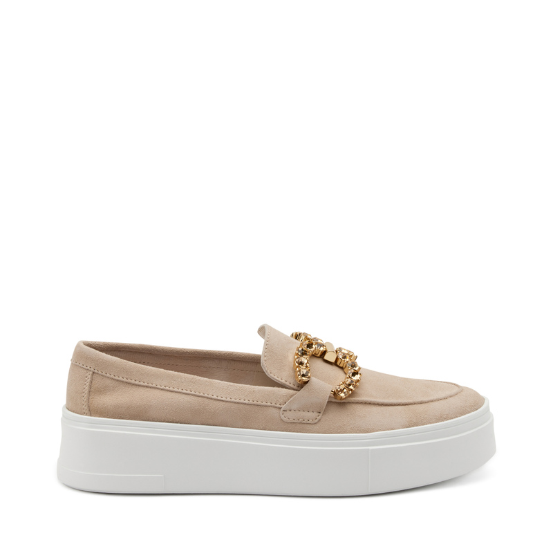 Suede slip-ons with bejewelled clasp detail - New Details | Frau Shoes | Official Online Shop