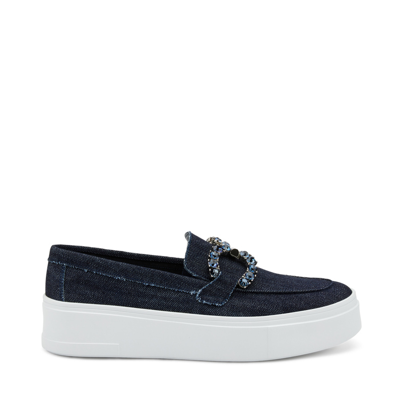 Denim slip-ons with bejewelled clasp detail - New Details | Frau Shoes | Official Online Shop