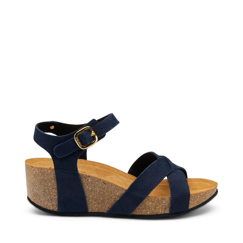 Sandale mit überkreuzten Riemen aus Nubuk mit Keilabsatz | Frau Shoes | Official Online Shop