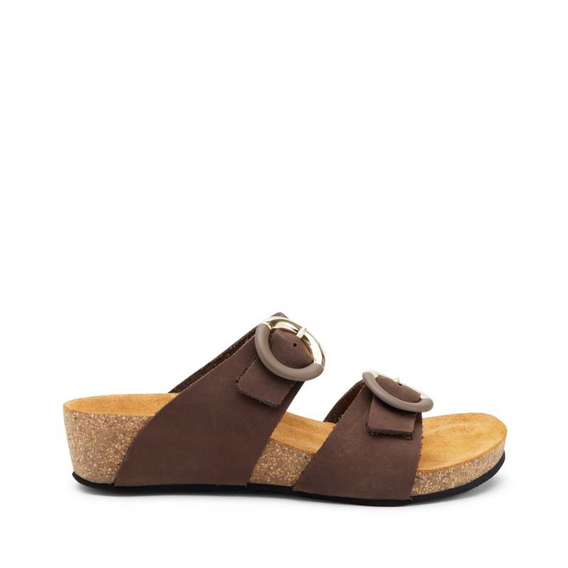 Pantolette mit doppeltem Riemen aus Nubukleder mit zweifarbigen Schnallen | Frau Shoes | Official Online Shop