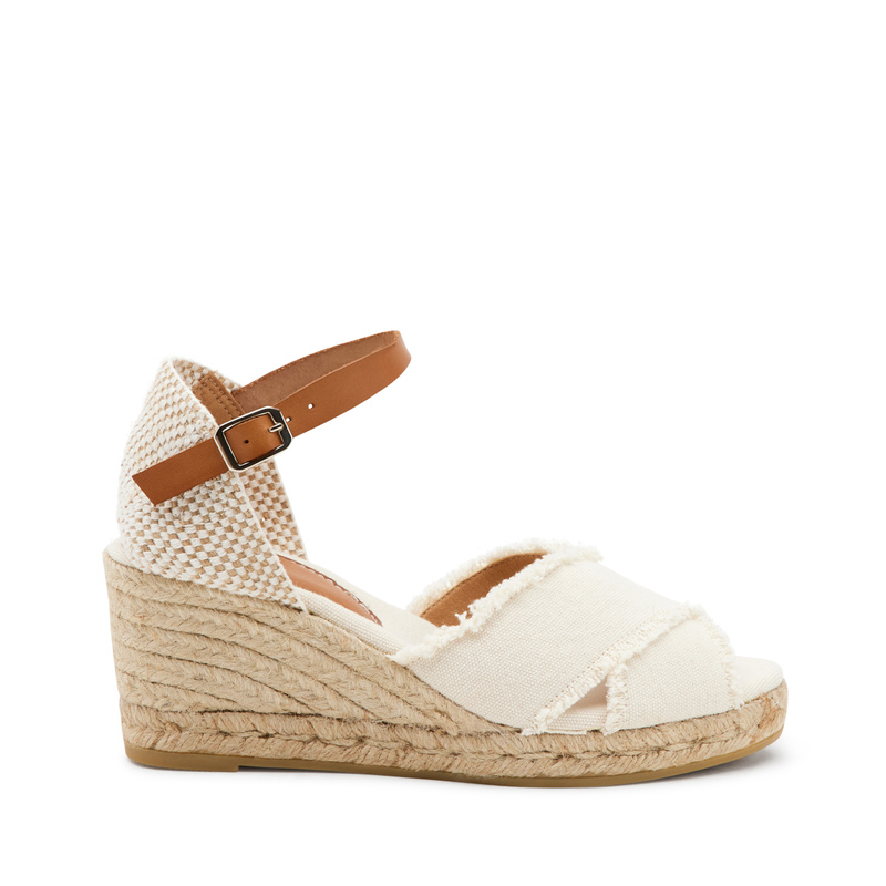 Sandale mit überkreuzten Riemen aus Canvas mit Keilabsatz in Seil-Optik | Frau Shoes | Official Online Shop