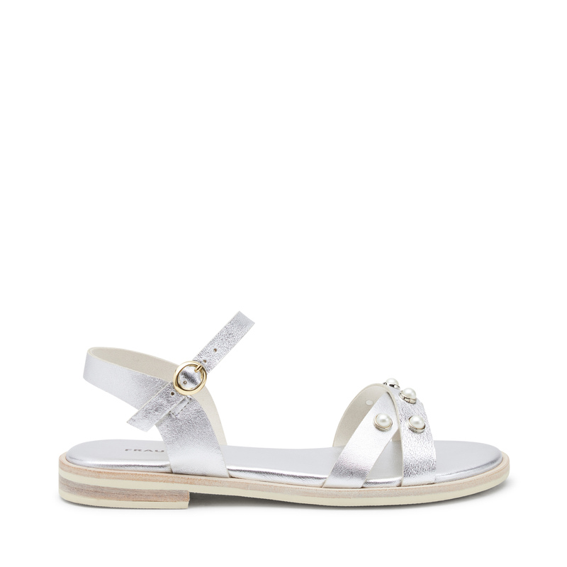 Foiled leather crossover-strap sandals with pearly appliqués - Metal Trend | Frau Shoes | Official Online Shop