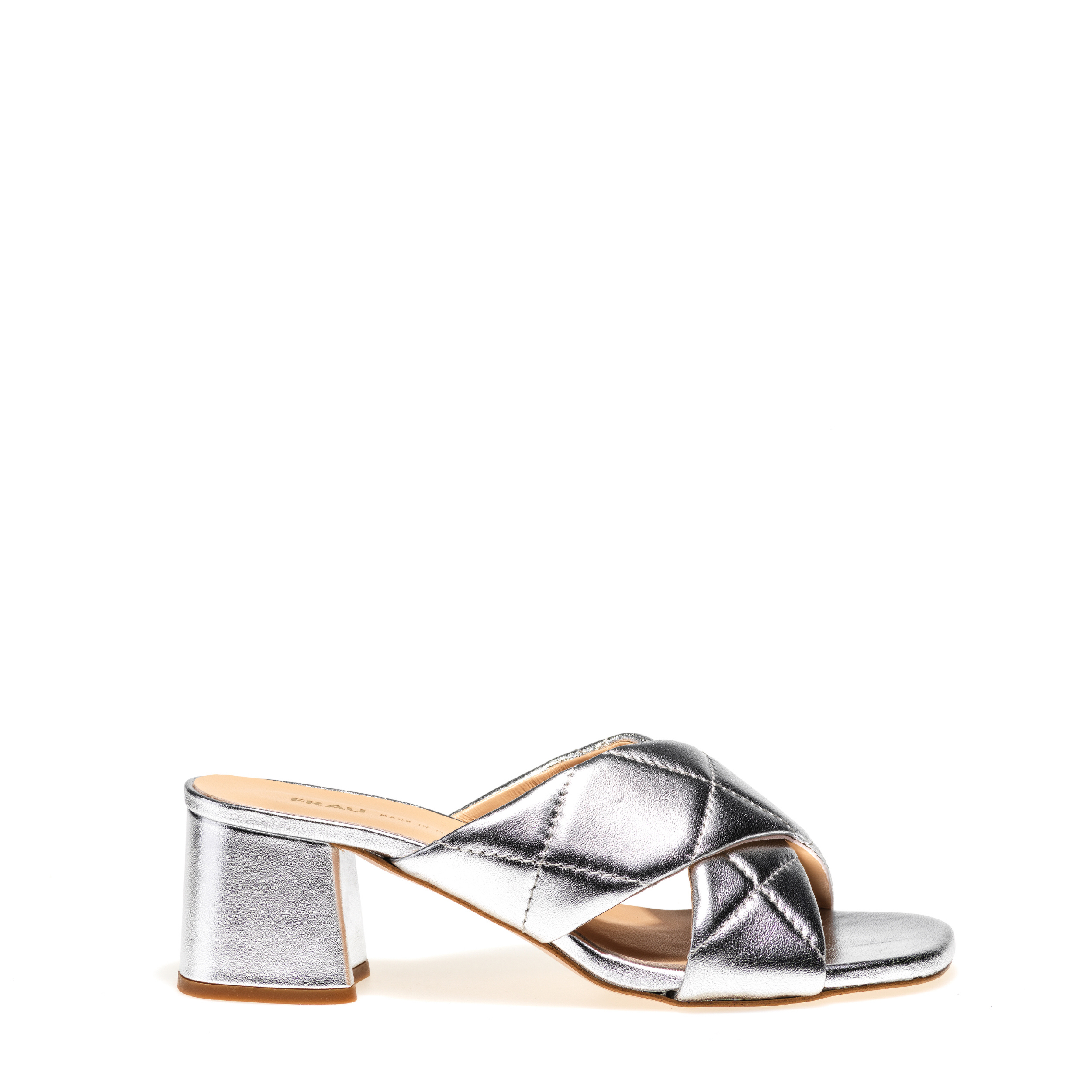 Quilted foiled leather mules, Col 