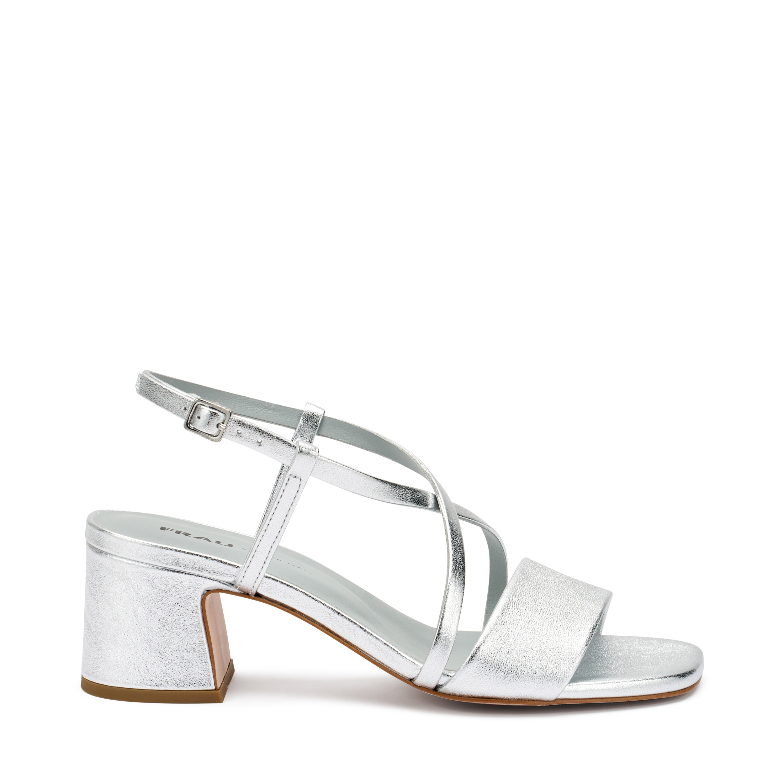 Sandali argento da donna con tacco a blocco 5 cm e strass gioiello Lora Ferres