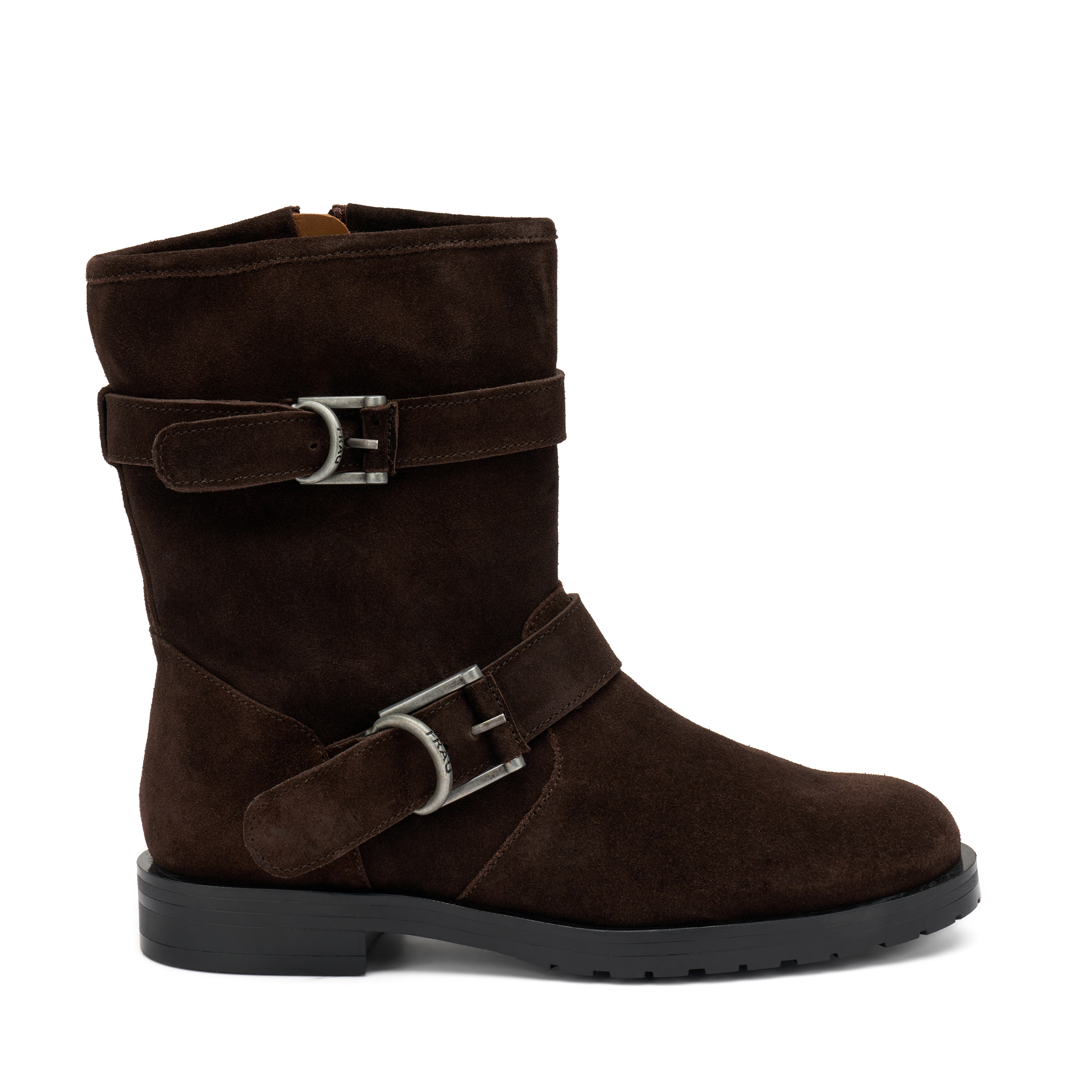 Suede double-buckle biker boots, Brown Frau