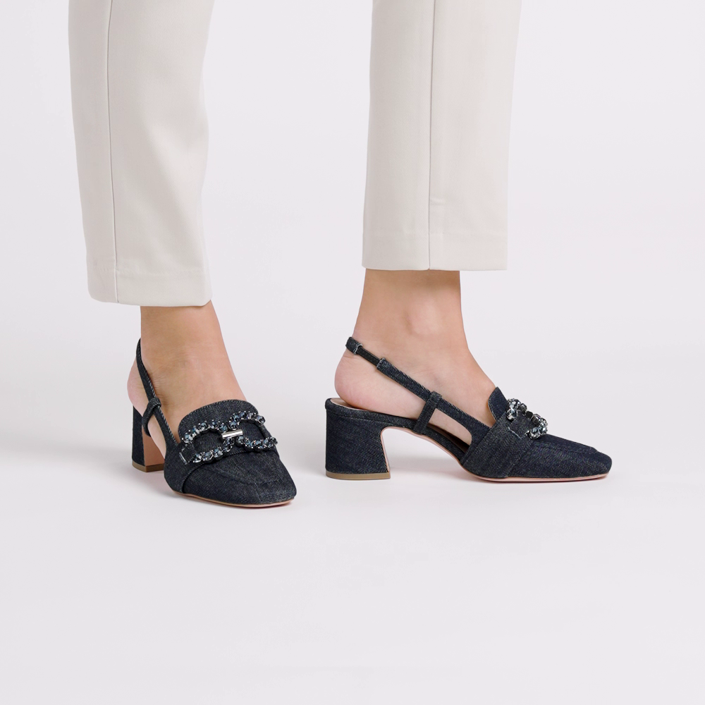 Slingback aus Denim mit Absatz und Schmuckdetail - Frau Shoes | Official Online Shop